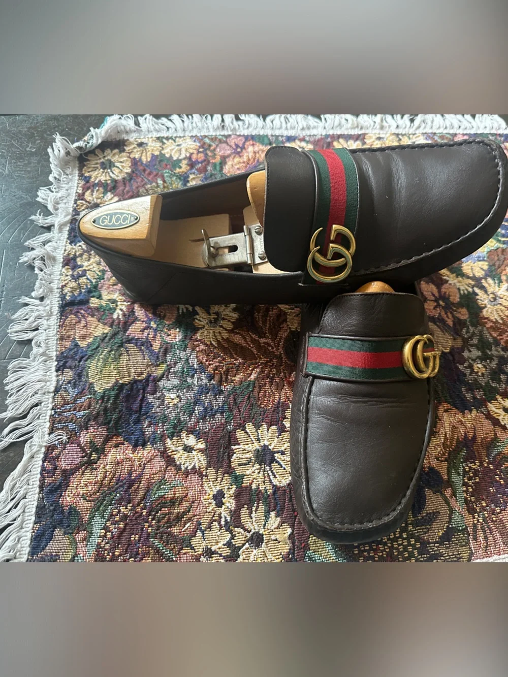 Gucci GG Gold Green Red Web Brown Leather Men’s Driving Loafers Size 12 G